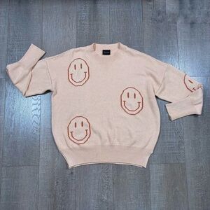 MIOU MUSE Cozy Tan Oversized Smiley Face Sweater Size L
